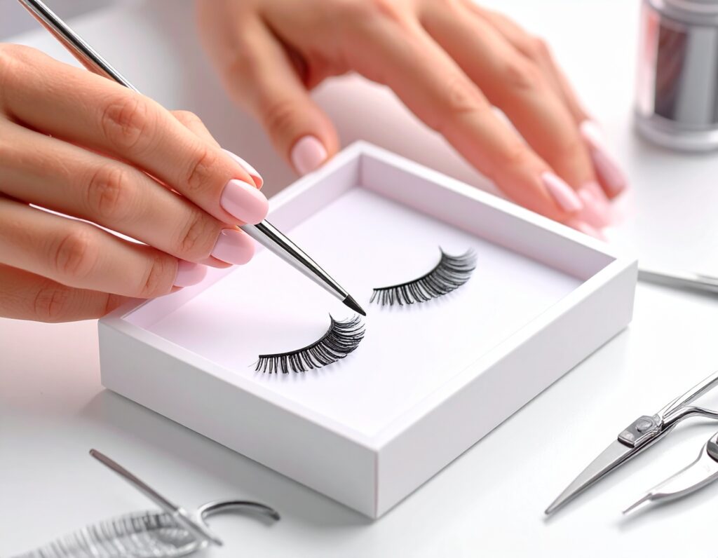 Trainerin demonstriert Wimperntechnik bei einer Ausbildung