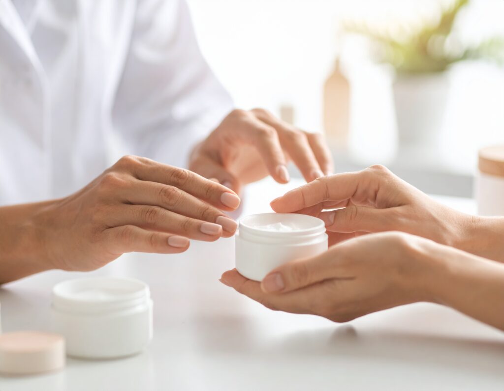 Beauty-Expertin bei einer Haut- und Schminkberatung mit Kundin
